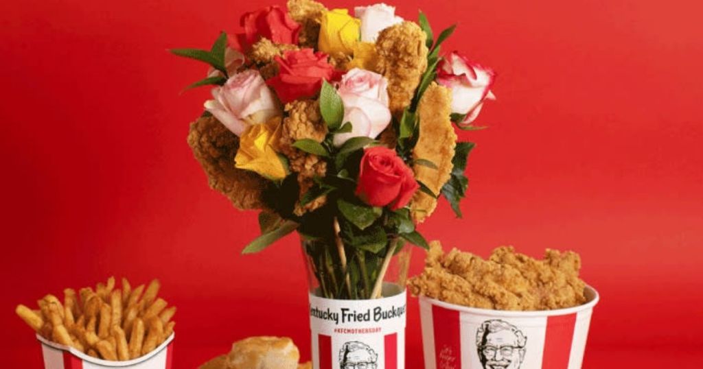 bouquet of flowers and KFC chicken