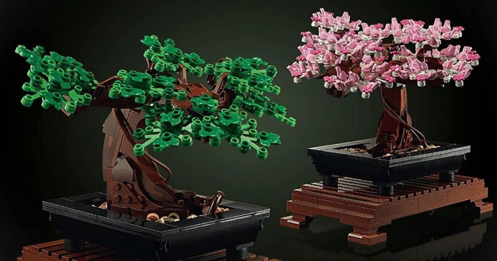 2 completed LEGO Bonsai Tree one with green flowers and one with pink flowers