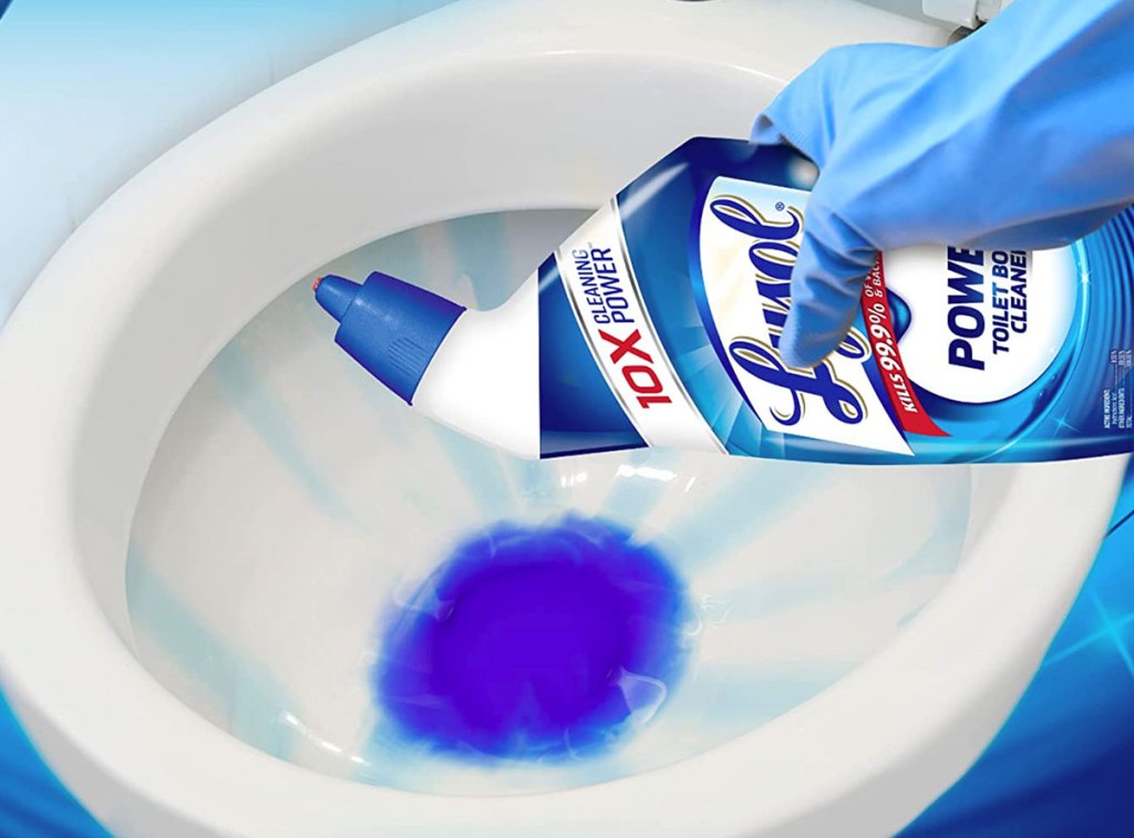 hand applying lysol toilet bowl cleaner