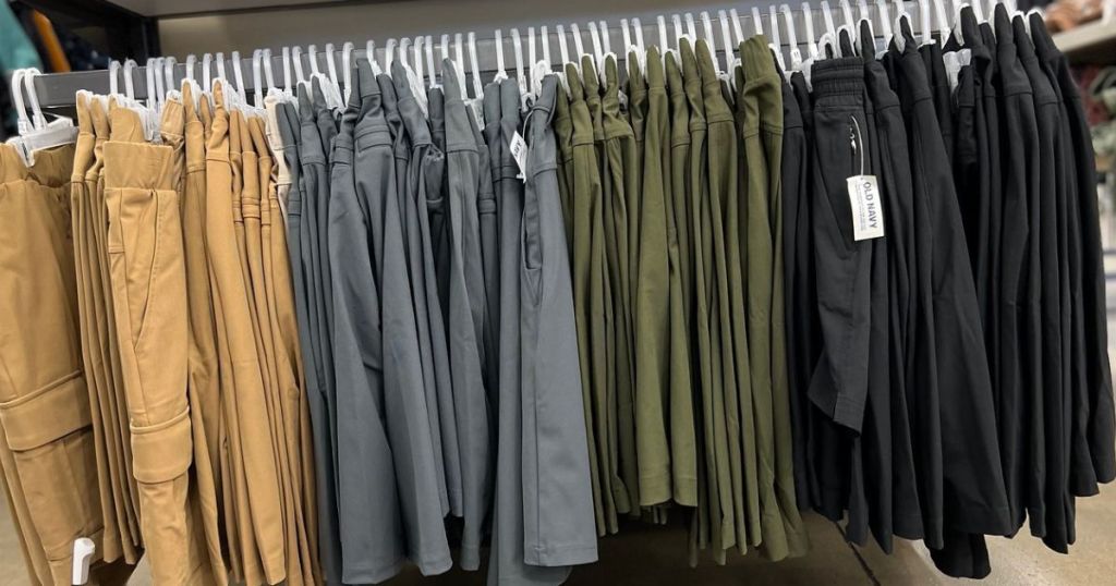 row of shorts on hangers