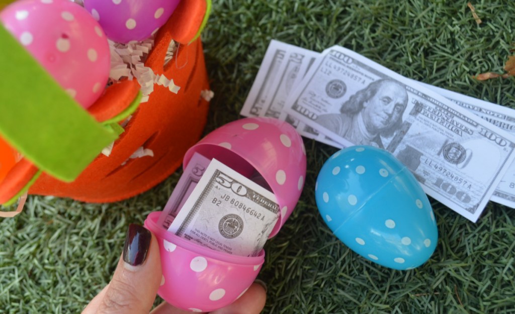 One of the best adult easter egg hunt ideas is to fill the eggs with fake money