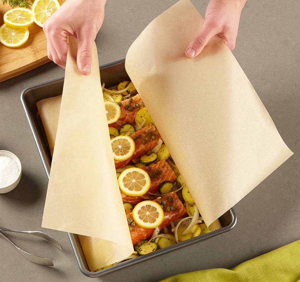 wrapping parchment paper around salmon 
