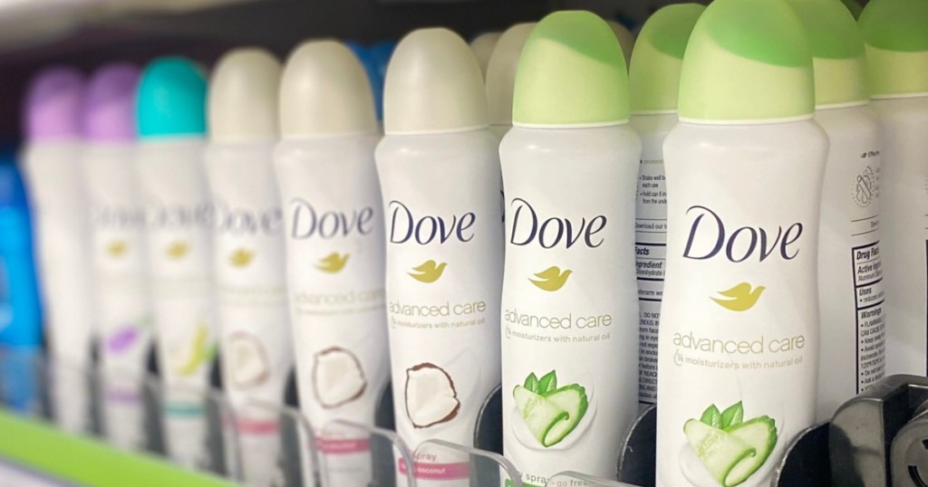 Row of Dove Dry Sprays on store shelf