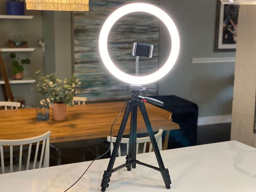 Taotronics Ring Light set up on a table and illuminated