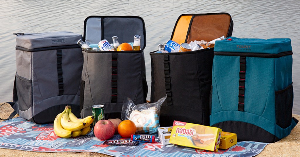 four cooler backpacks and various food and drinks on lake