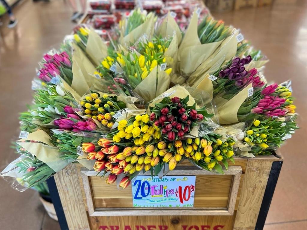 bouquets of trader joe's tulips in store