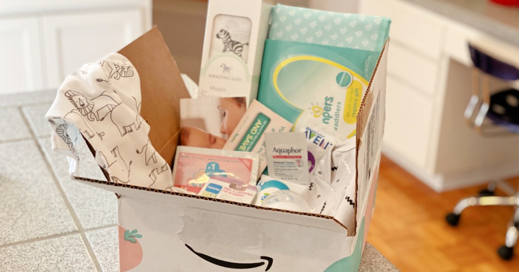 box with baby freebies in it