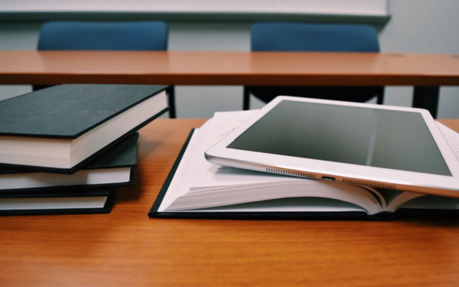 college classroom with textbooks