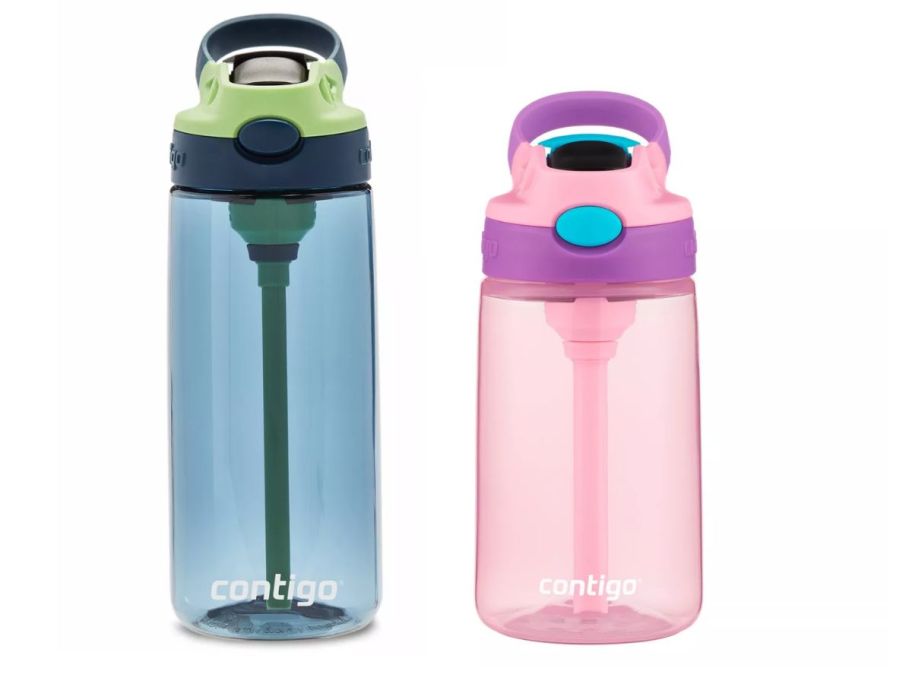 two contigo kids plastic water bottles on white background