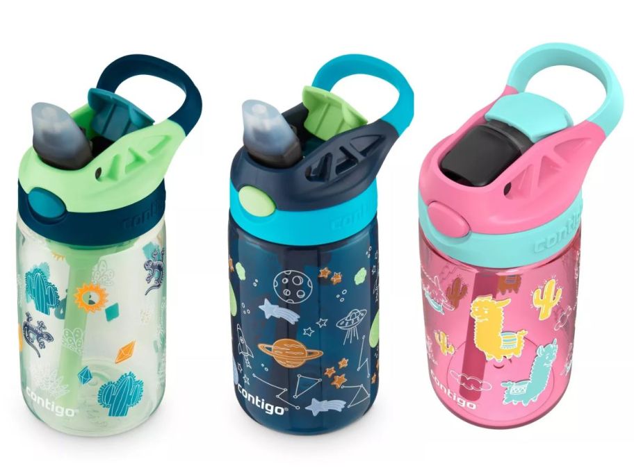 3 contigo kids water bottles on white background