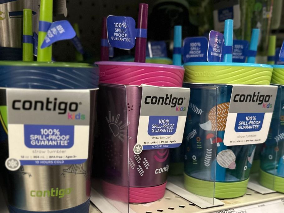 row of contigo kids cups on shelf at store