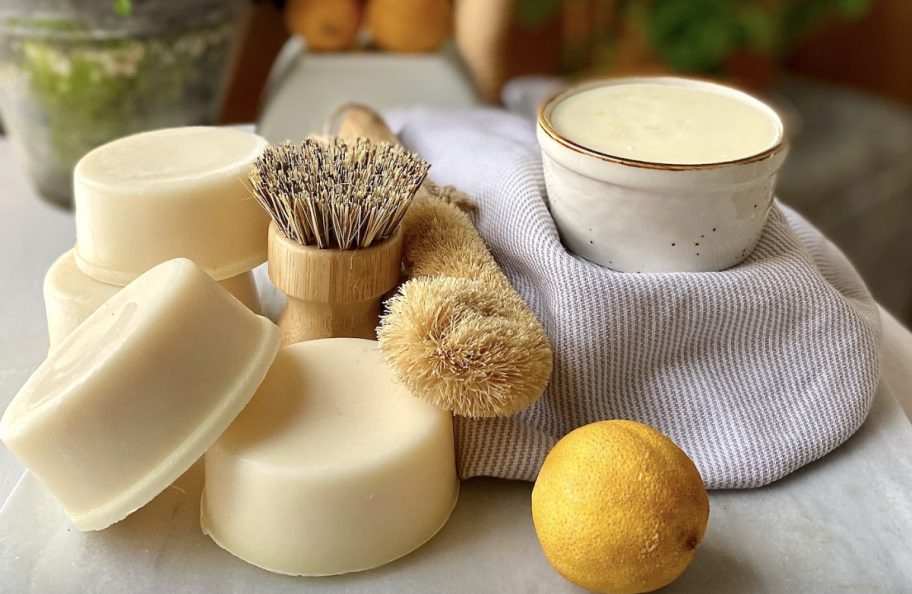 dish soap bars with wooden brushes on countertop