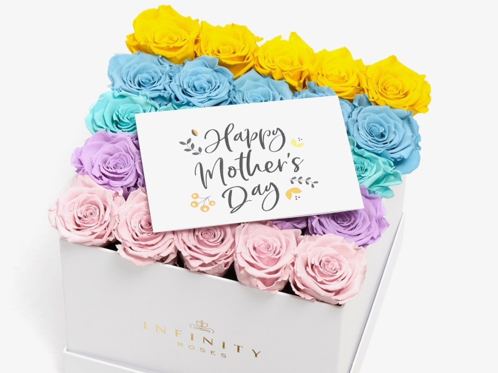 colorful roses in a white box with a Mother's Day card