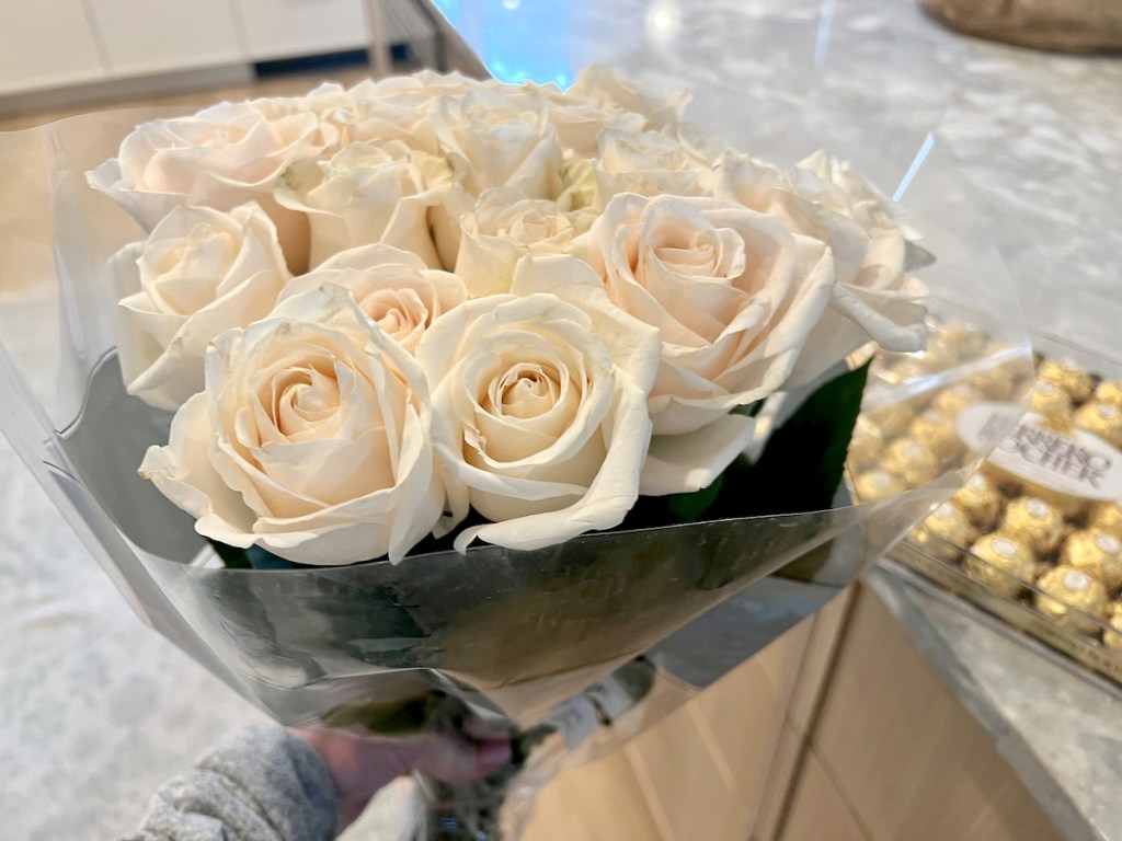 close up of white bouquet of roses