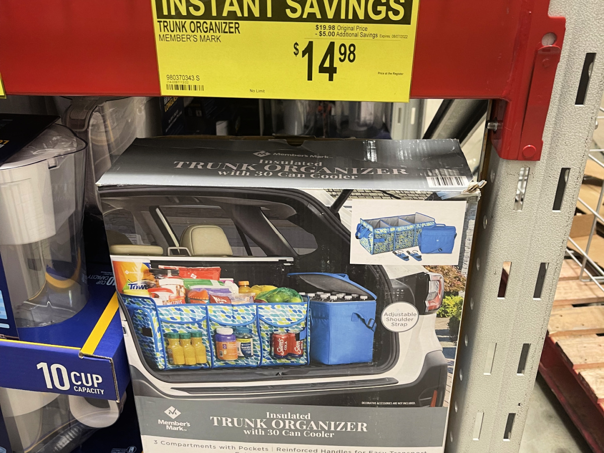 members mark trunk organizer on a sams club shelf under a clearance tag