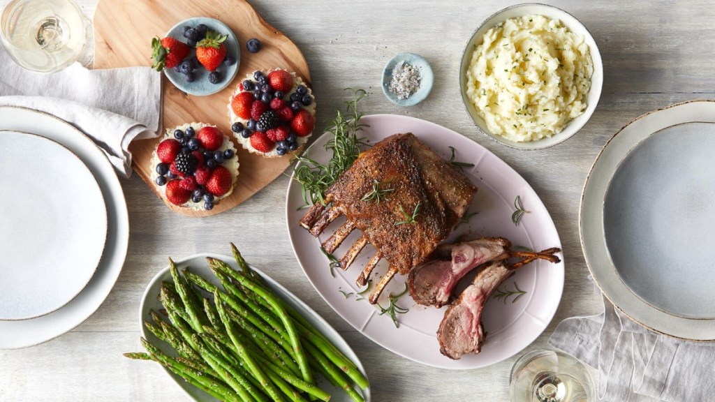 rack of lamb, asparagus, mashed potatoes, and berry tarts