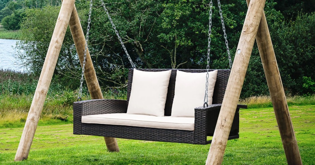 2-Person Patio Rattan Porch Swing with Cushions