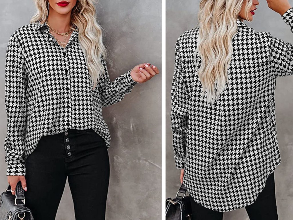 blond woman modeling Black & White Blouse with black jeans