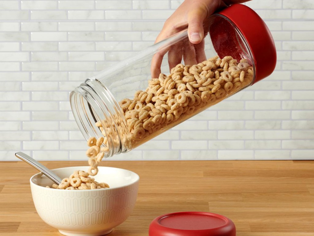 Cereal being poured out of Anchor Hocking container