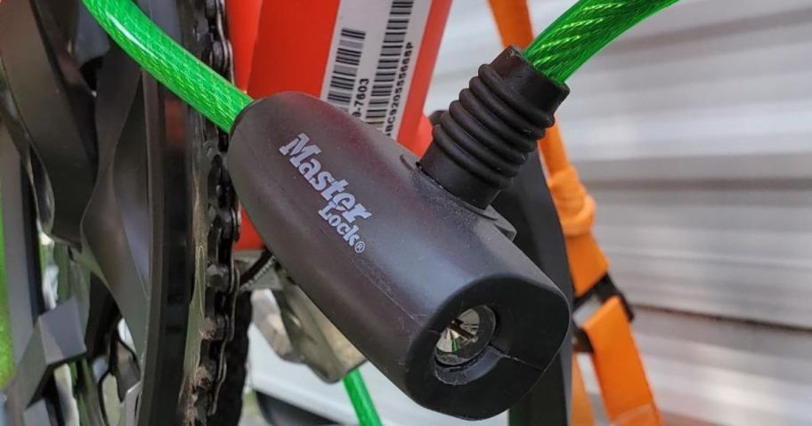 A Master;lock Bike Cable securing a bike