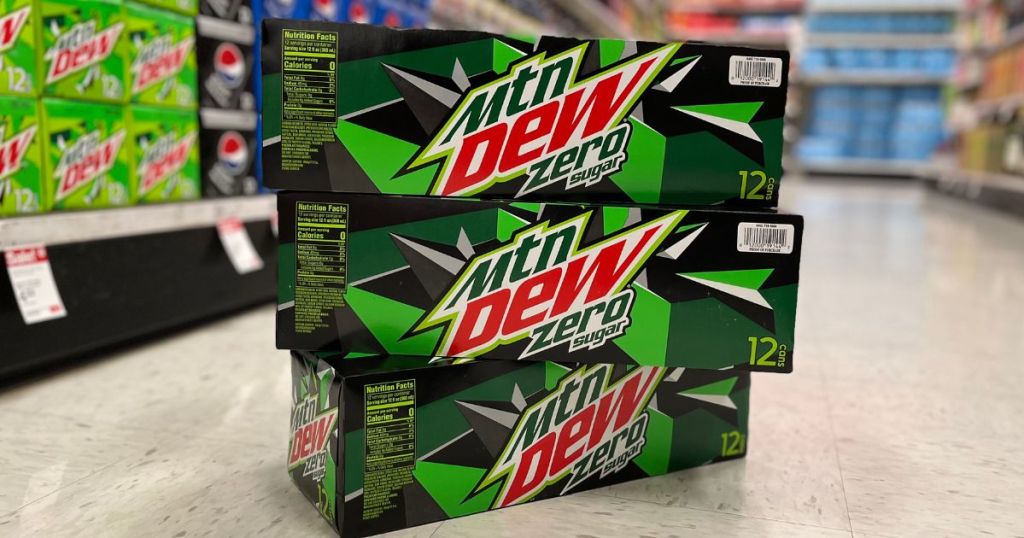 three cases of Mtn Dew Zero Sugar