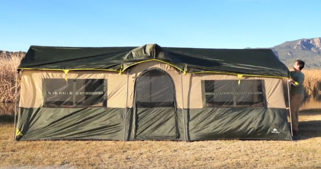 Ozark Trail Cabin Tent in front of mountains