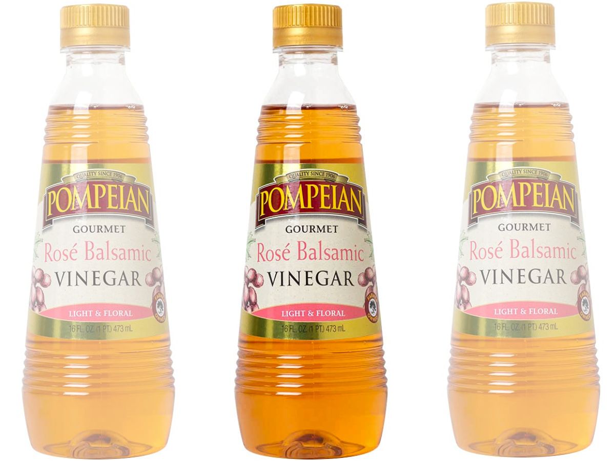 three stock images of balsamic Pompeian Vinegar bottles