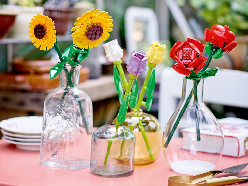 Sunflower, tulips and roses in Lego