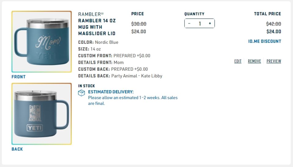 Screenshot of a YETI rambler order and discount