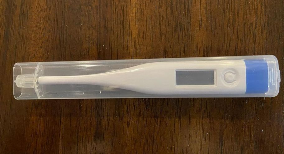 digital thermostat in its case on top of a table