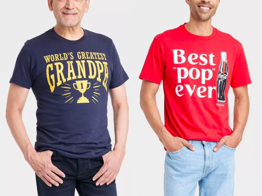 two men wearing grandpa and best pop ever tees
