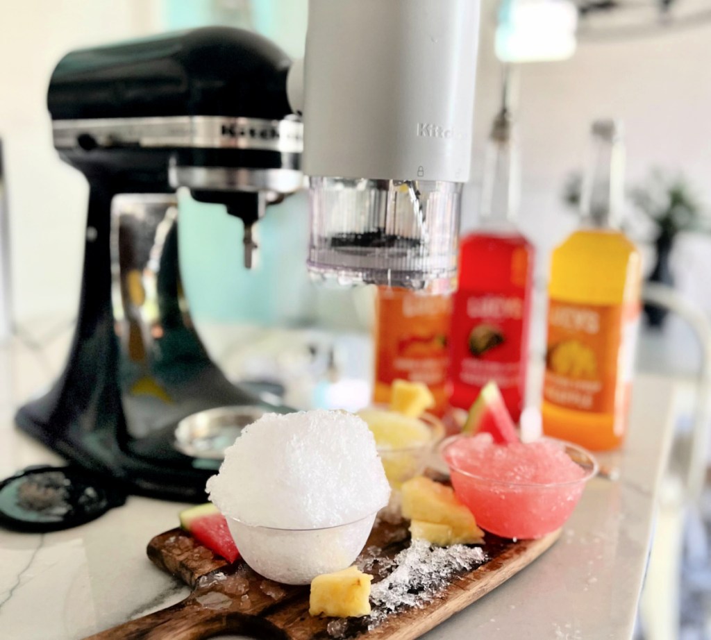 kitchen-aid mixer on the counter with shaved ice attachment