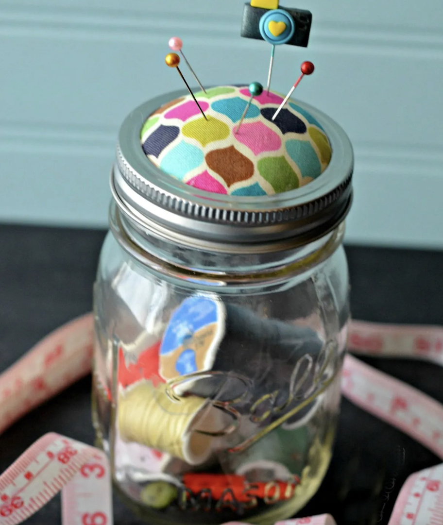 close up of mason jar pin cushion upcycle