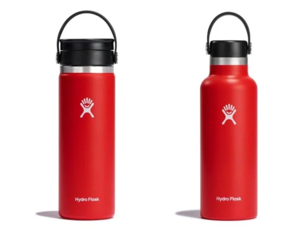 red Hydro Flask Coffee sip tumbler and red Hydro Flask Water Bottle