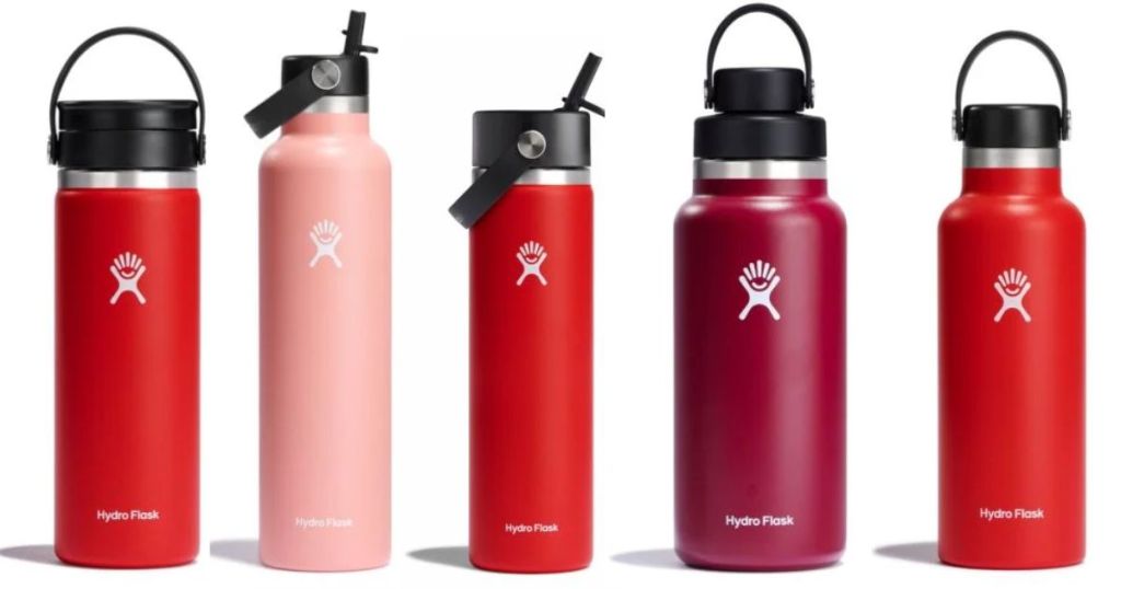 various Gogi Red, Grapefruit Pink and Berry Hydro Flasks lined up