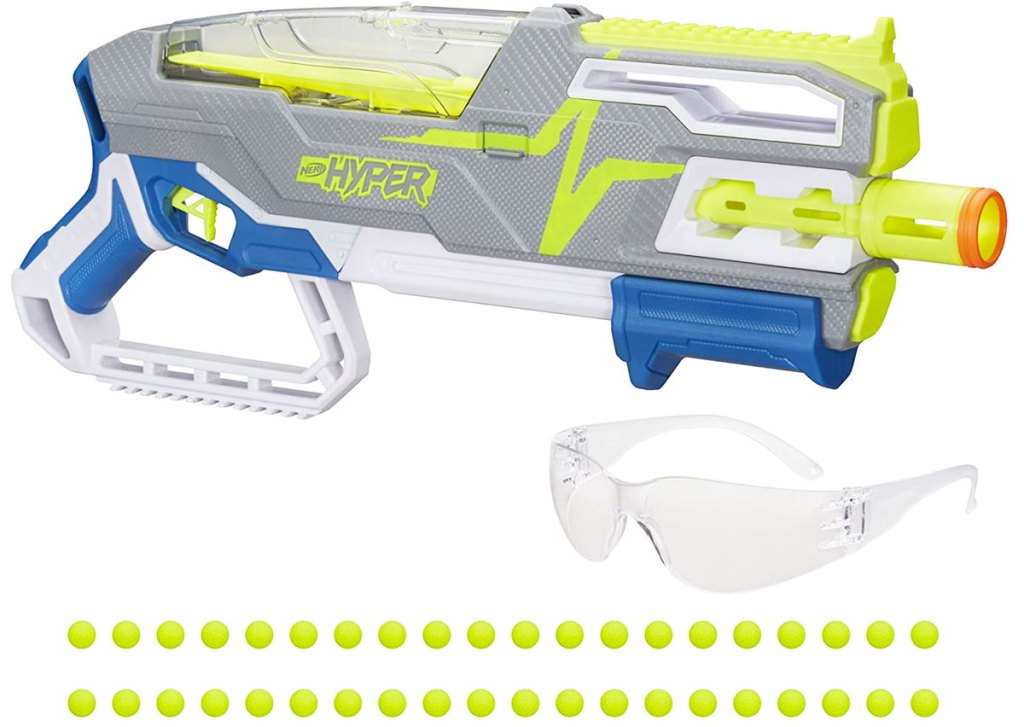 nerf blaster, foam balls, and safety glasses