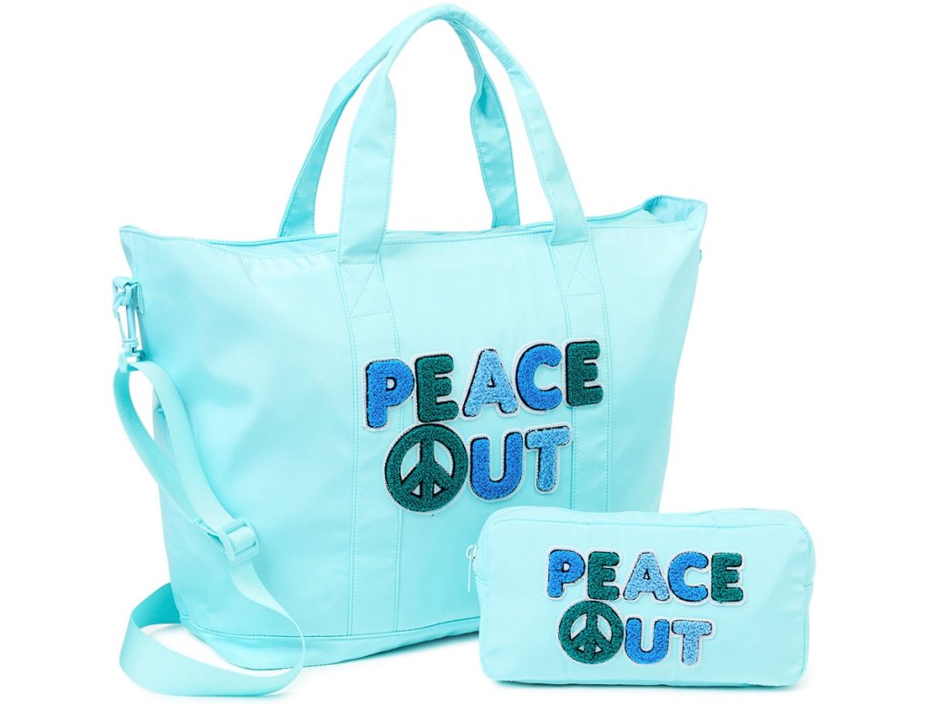 blue tote and pouch set that says "peace out"