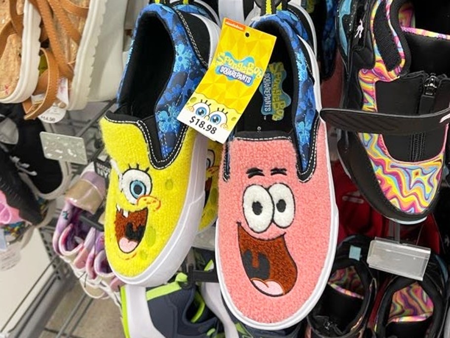 pair of fuzzy yellow and pink spongebob and patrick sneakers