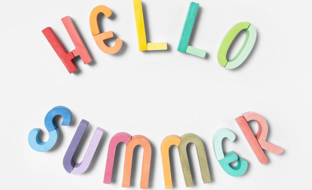 sidewalk chalk pieces that spell out hello summer