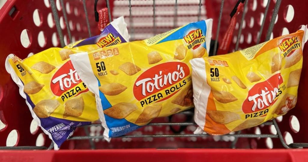 three bags of totino's pizza rolls in cart