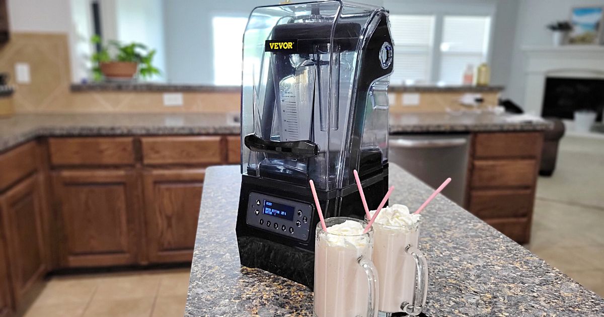 Vevor blender on counter with strawberry shakes in front of it