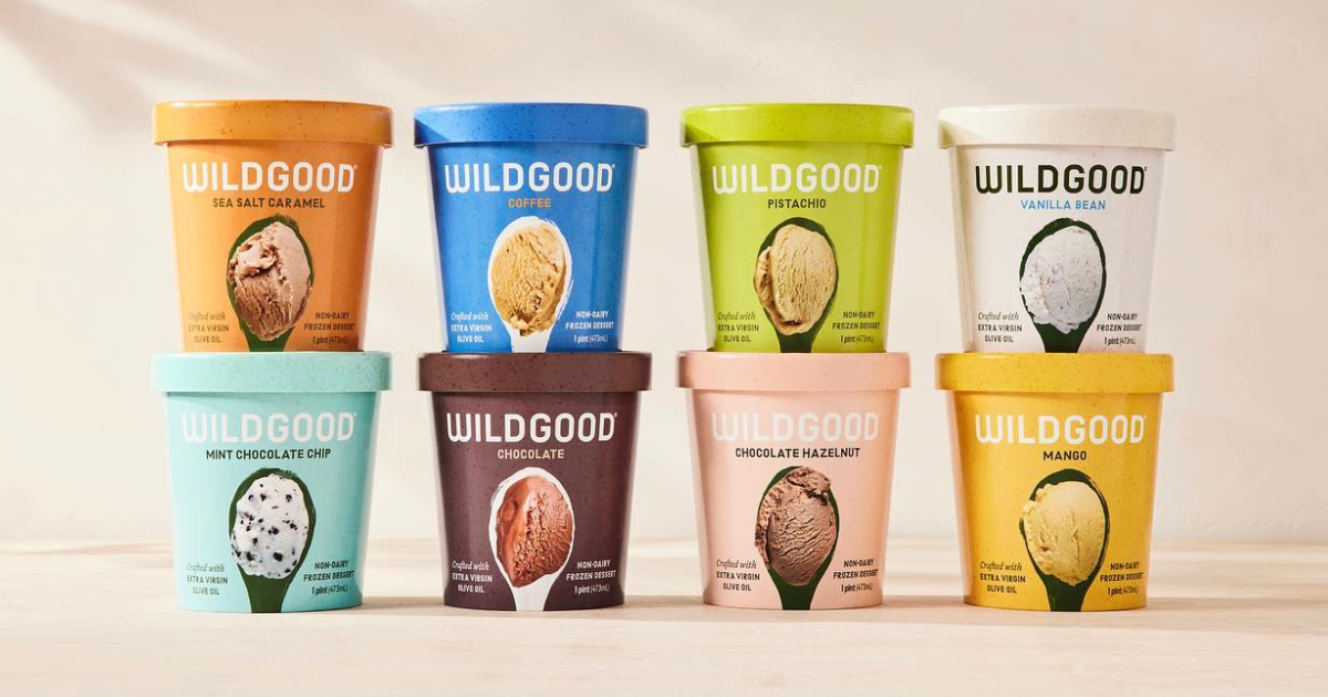 pints of Wildgood ice cream in different flavors stacked on top of each other