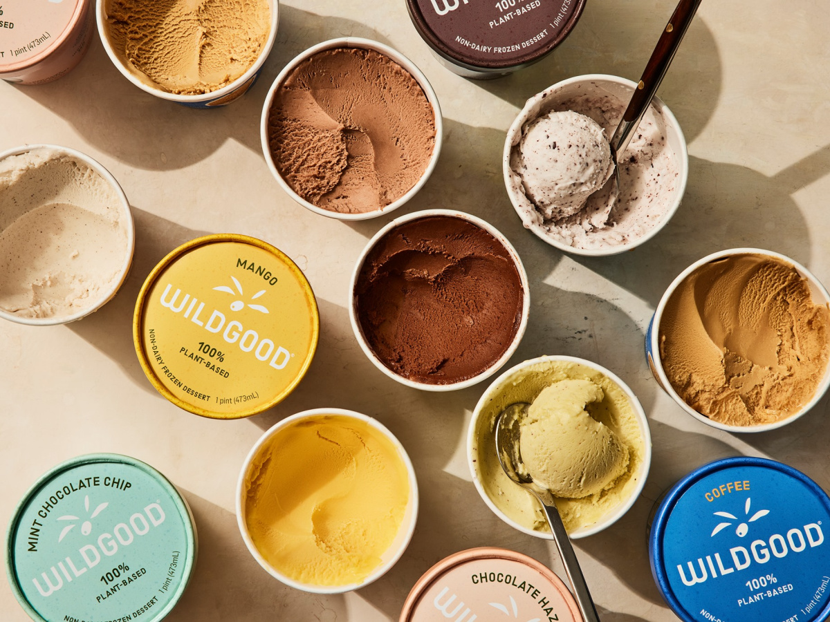 pints of Wildgood ice cream in different flavors, some with lids and some without