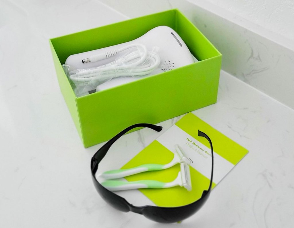 laser hair remover, razors, and sunglasses