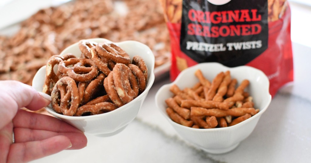 bowl of copycat dot's pretzels next to original