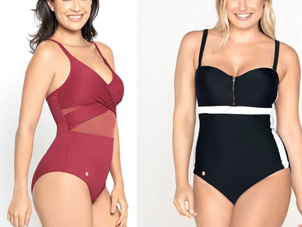 2 women wearing one-piece swimsuits