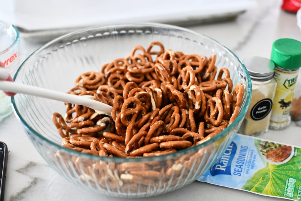 mixing diy dot's pretzels in a bowl