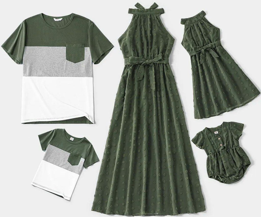 green dress with matching mens green shirt and kids clothes