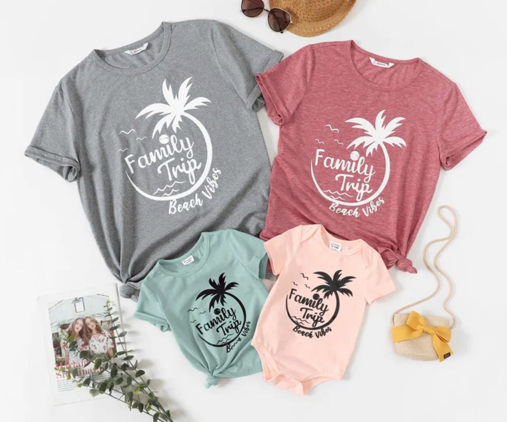 colorful family shirts with coconut trees on them