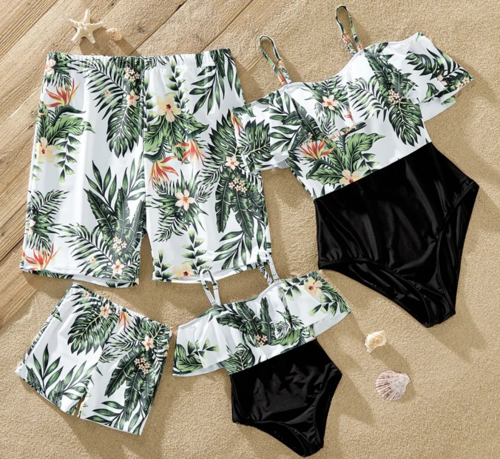 green leaf and black matching family swimsuits